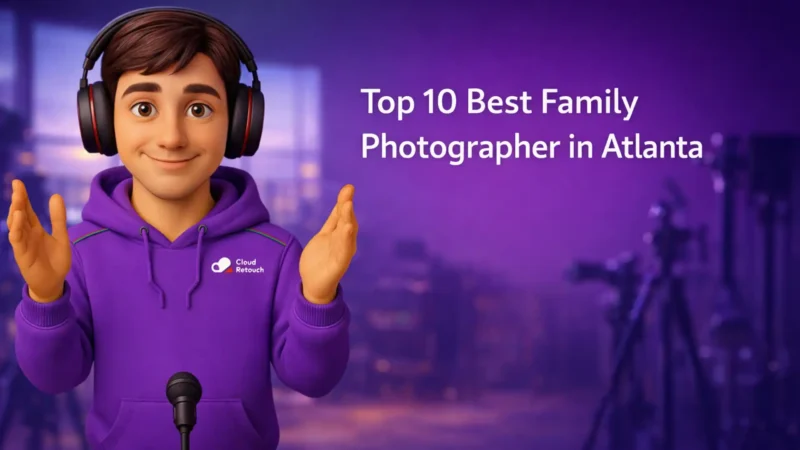 CloudRetouch character in a purple hoodie and headphones standing in an Atlanta photography studio with text Top 10 Best Family Photographer in Atlanta