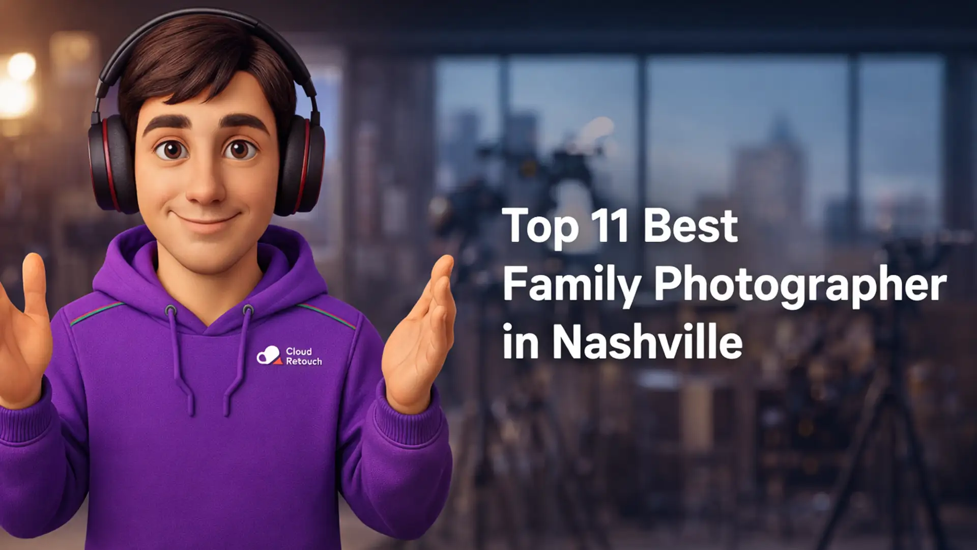 CloudRetouch character Family Photographer in Nashville studio wearing a purple hoodie and headphones