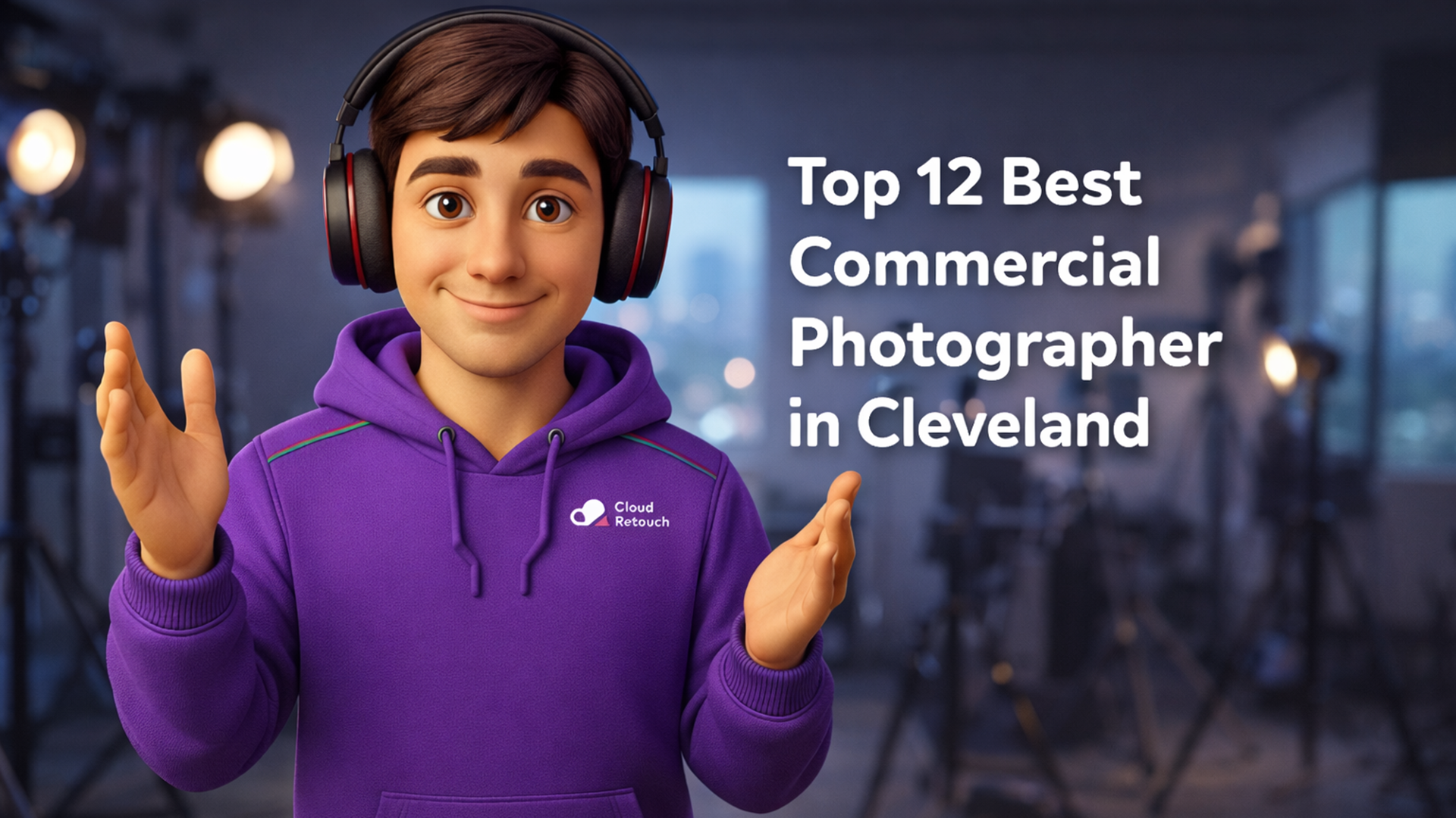 3D character in purple hoodie and headphones standing 3D character in purple hoodie and headphones standing Commercial Photographer in Cleveland​ studio