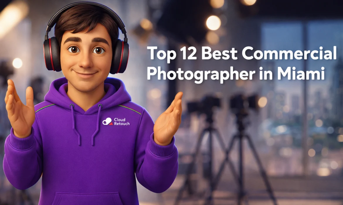 Top 12 Best Commercial Photographer in Miami 3D character in a purple hoodie and headphones standing in a Miami photography studio representing the commercial photographer in Miami