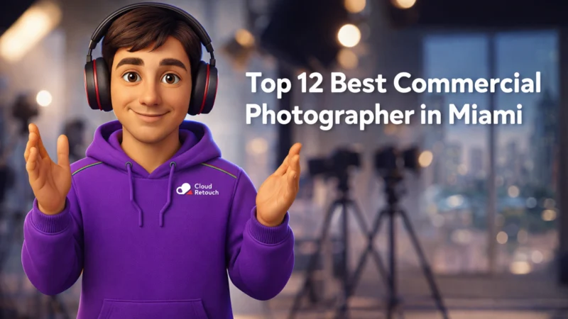 Top 12 Best Commercial Photographer in Miami 3D character in a purple hoodie and headphones standing in a Miami photography studio representing the commercial photographer in Miami