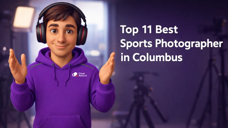 3D Pixar-style male character in a purple hoodie holding a camera Sports Photographer in Columbus studio setting