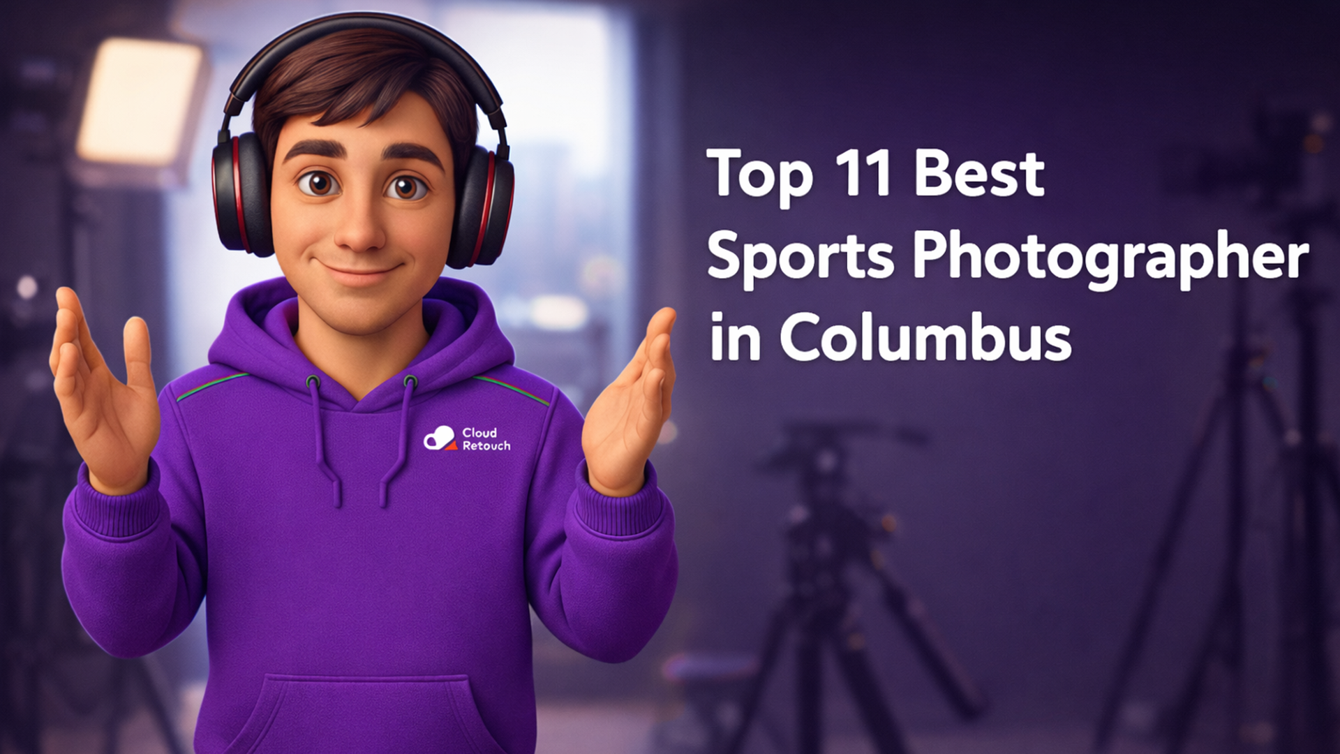 3D Pixar-style male character in a purple hoodie holding a camera Sports Photographer in Columbus studio setting