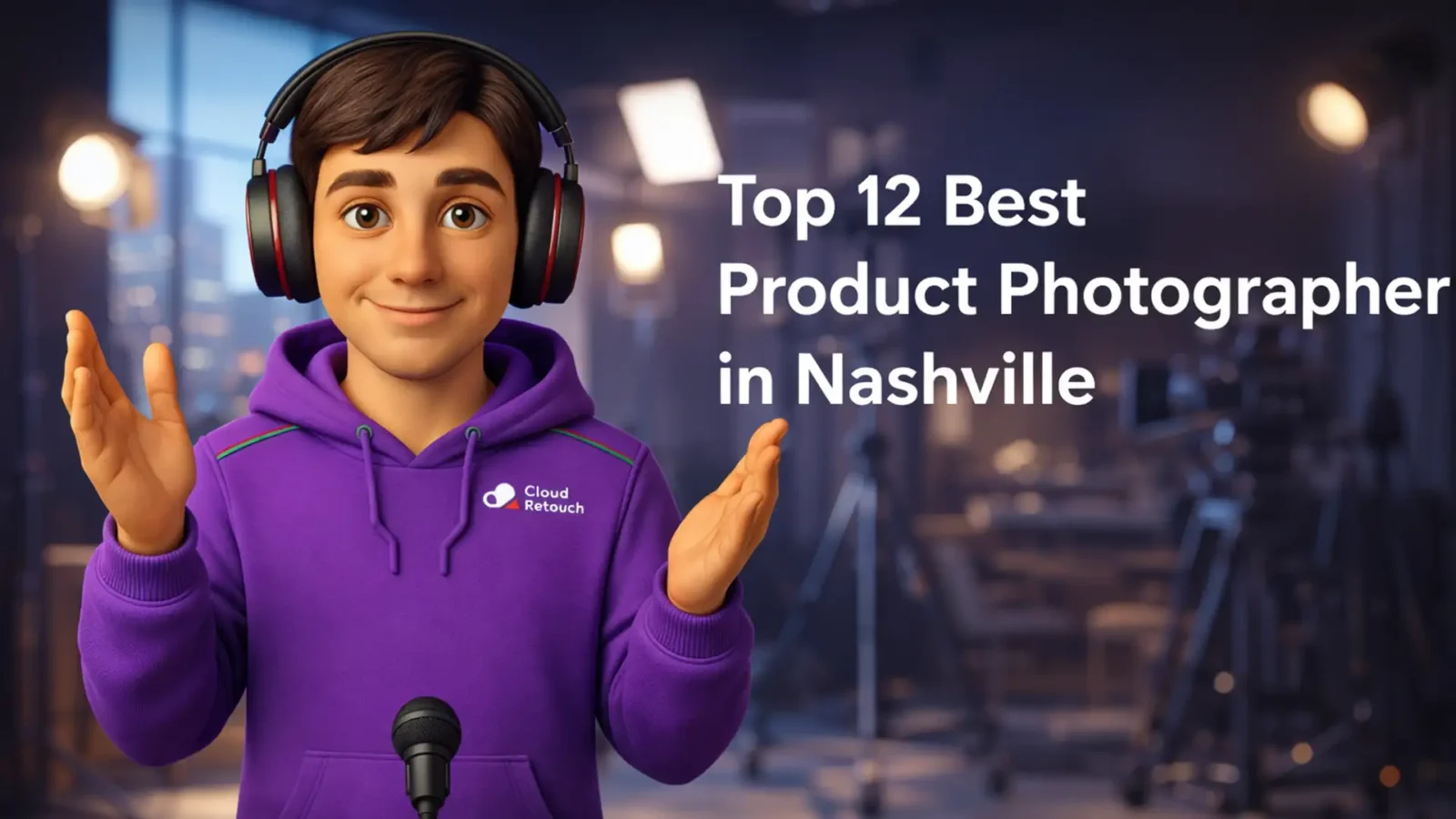 CloudRetouch character in a Nashville photography studio wearing a purple hoodie and headphones next to text Top 12 Best Product Photographer in Nashville