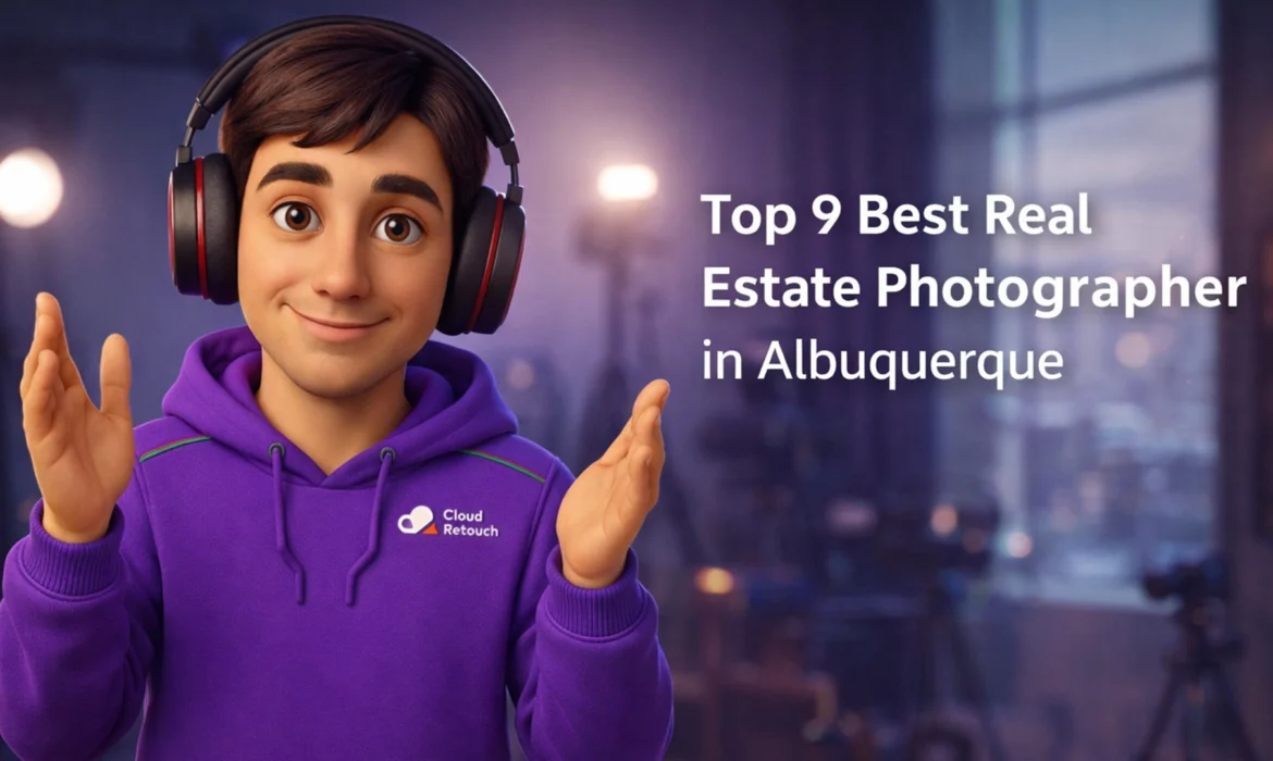CloudRetouch character in a purple hoodie and headphones standing Real Estate Photographer in Albuquerque studio with camera gear.