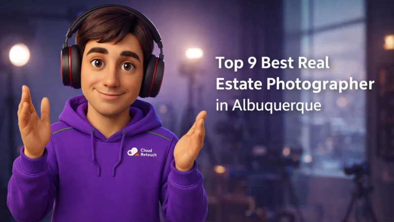 CloudRetouch character in a purple hoodie and headphones standing Real Estate Photographer in Albuquerque studio with camera gear.