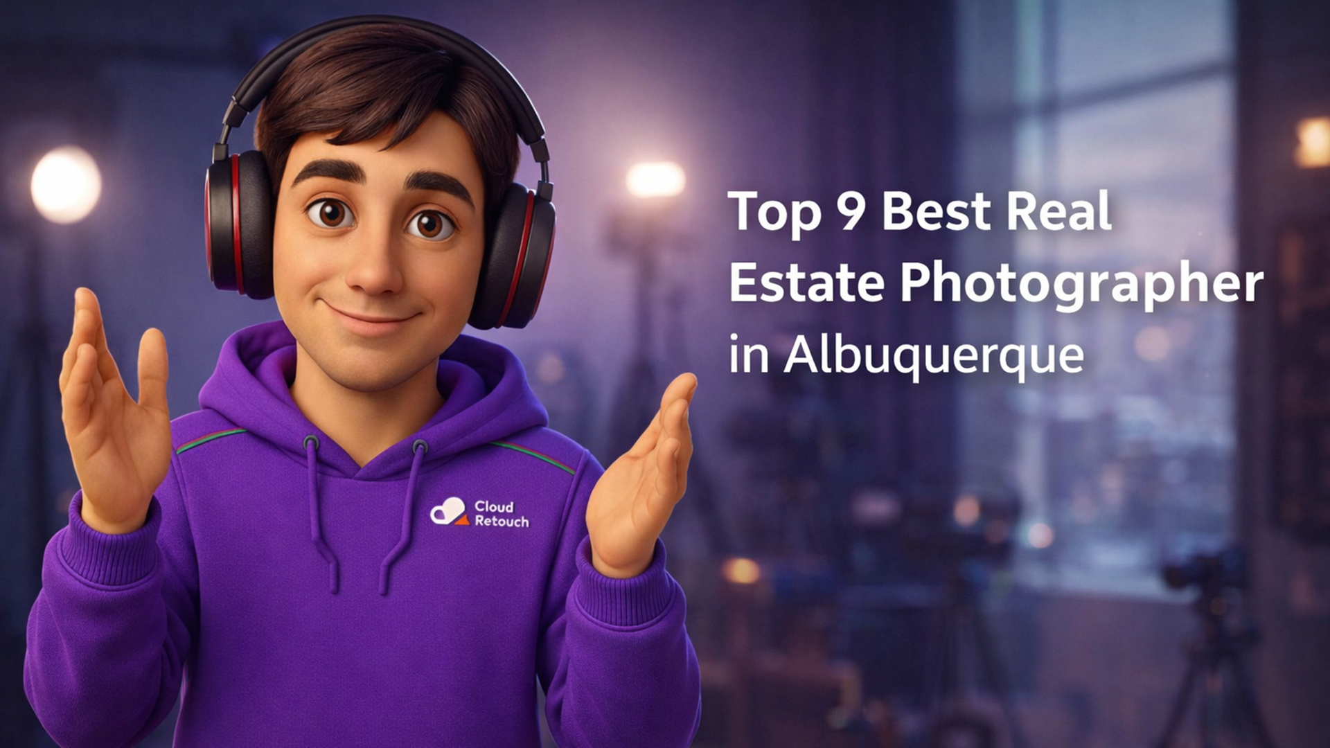 CloudRetouch character in a purple hoodie and headphones standing Real Estate Photographer in Albuquerque studio with camera gear.