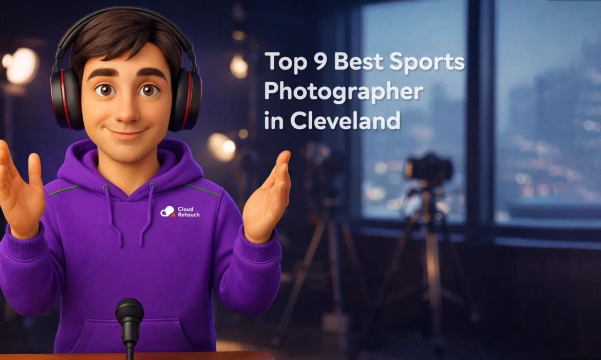 CloudRetouch character wearing headphones and purple hoodie standing in a Cleveland photography studio