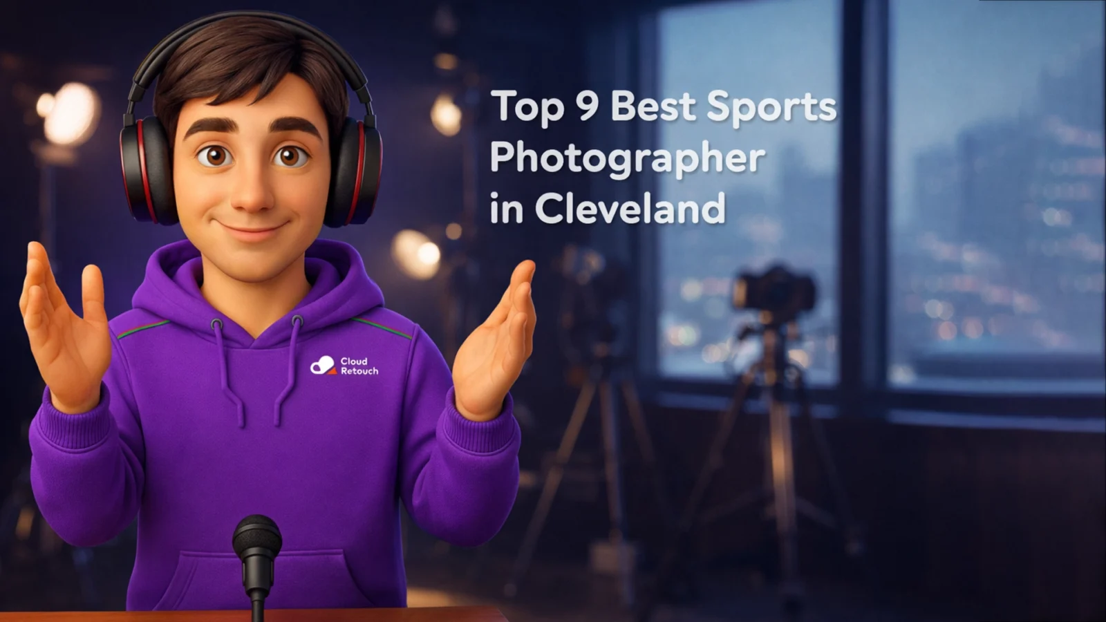 CloudRetouch character wearing headphones and purple hoodie standing in a Cleveland photography studio