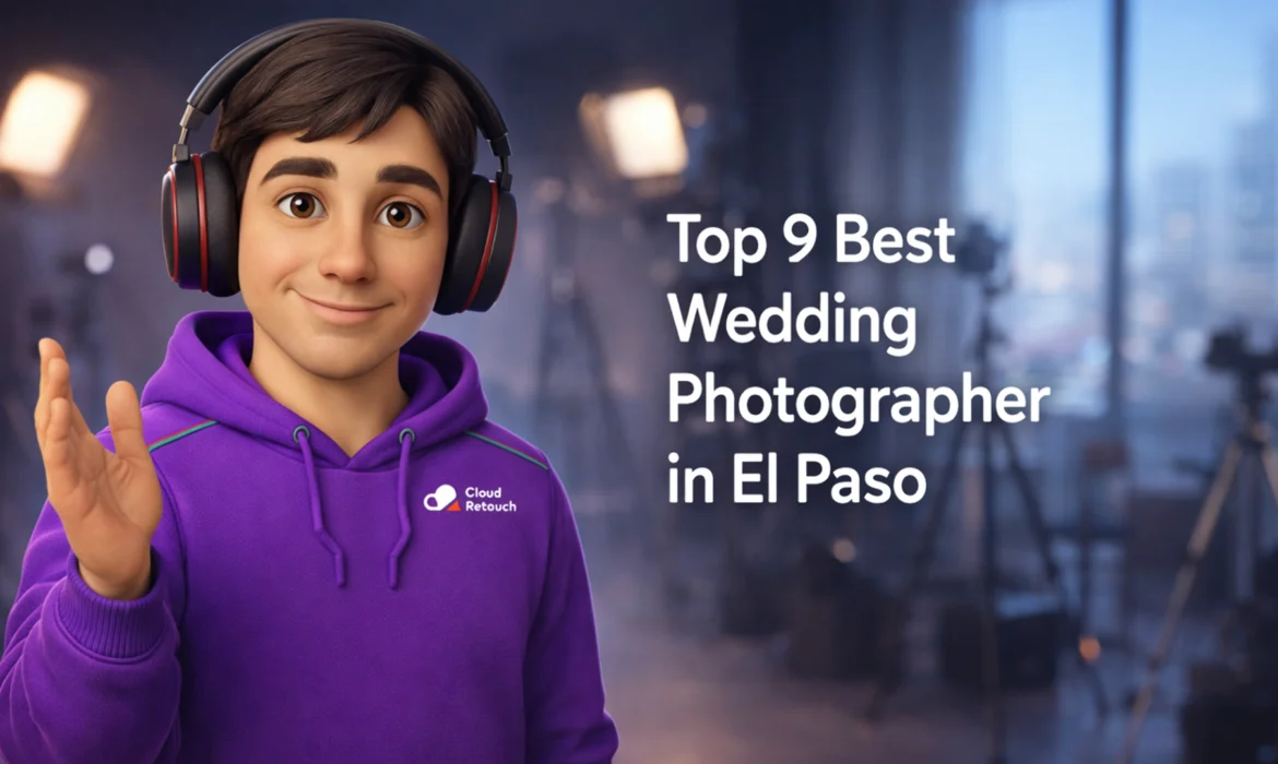 3D Pixar-style male character in a purple hoodie and headphones standing Wedding Photographer in El Paso studio.