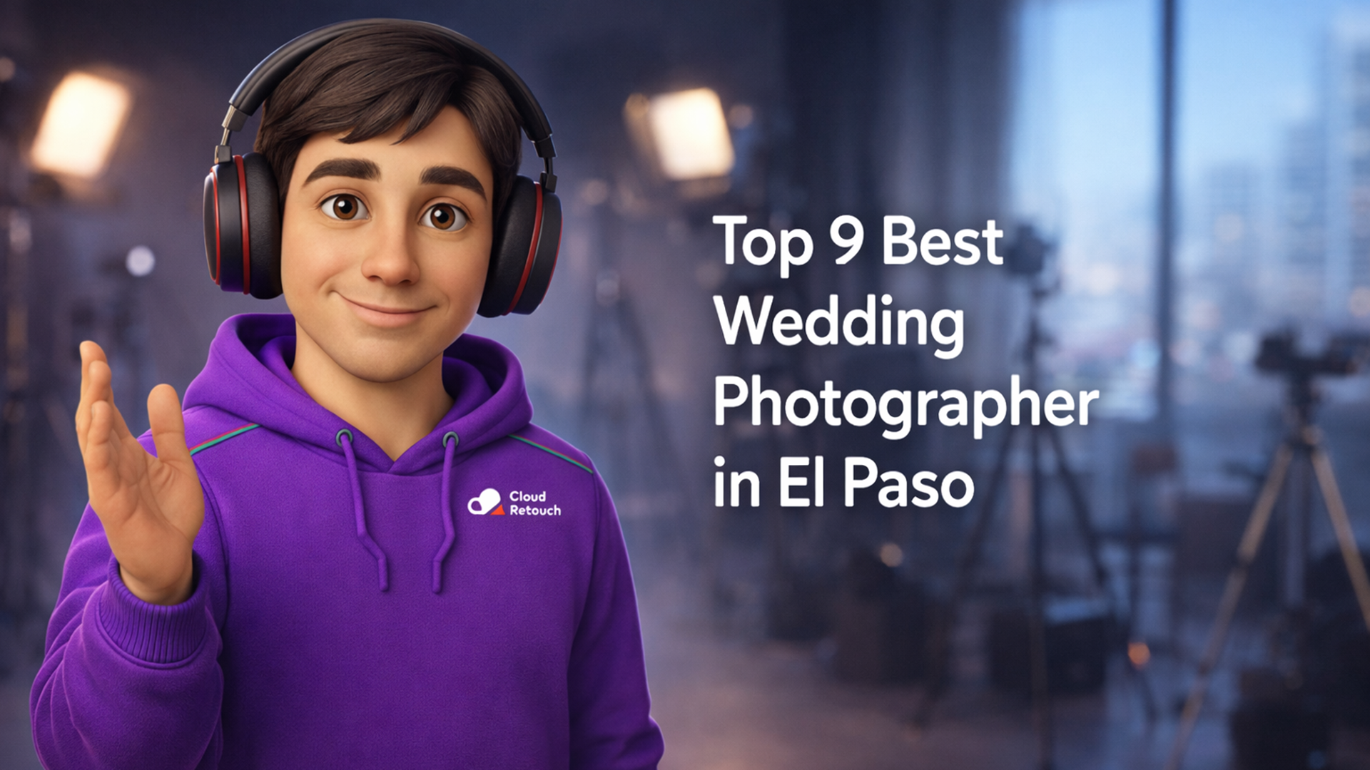 3D Pixar-style male character in a purple hoodie and headphones standing Wedding Photographer in El Paso studio.