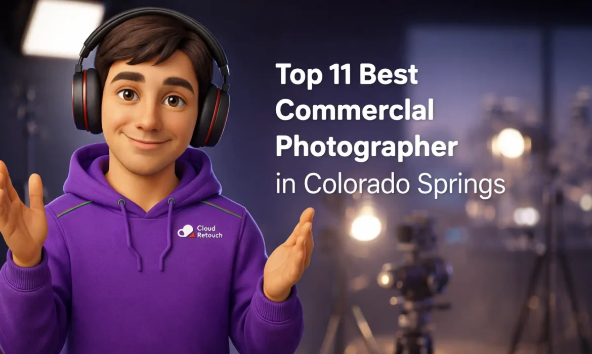 CloudRetouch 3D character in a Colorado Springs studio wearing headphones and a purple hoodie standing next to the text Top 11 Best Commercial Photographer in Colorado Springs