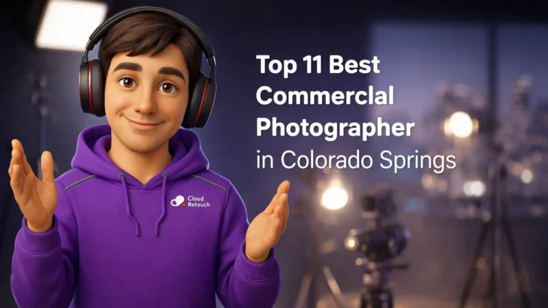 CloudRetouch 3D character in a Colorado Springs studio wearing headphones and a purple hoodie standing next to the text Top 11 Best Commercial Photographer in Colorado Springs
