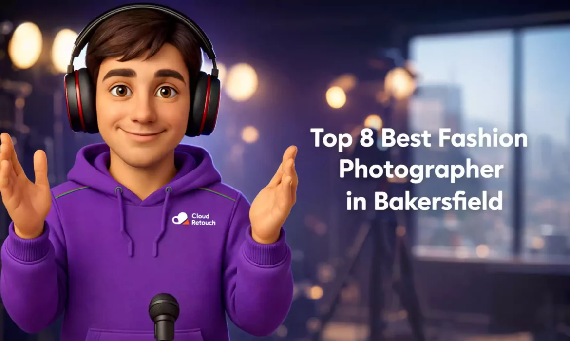 A 3D Pixar-style male character wearing a purple CloudRetouch hoodie and headphones standing in a Bakersfield photography studio.