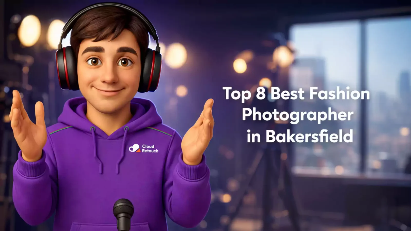 A 3D Pixar-style male character wearing a purple CloudRetouch hoodie and headphones standing in a Bakersfield photography studio.