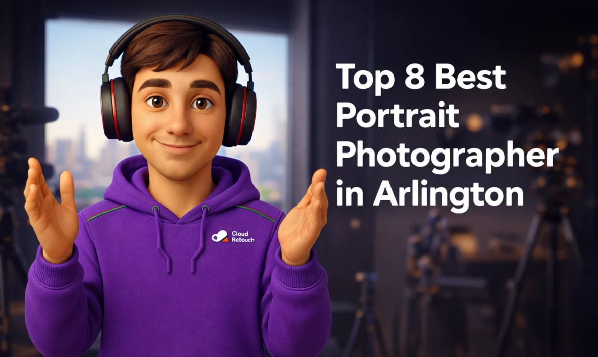3D character in purple hoodie standing in Arlington photography studio with lighting gear
