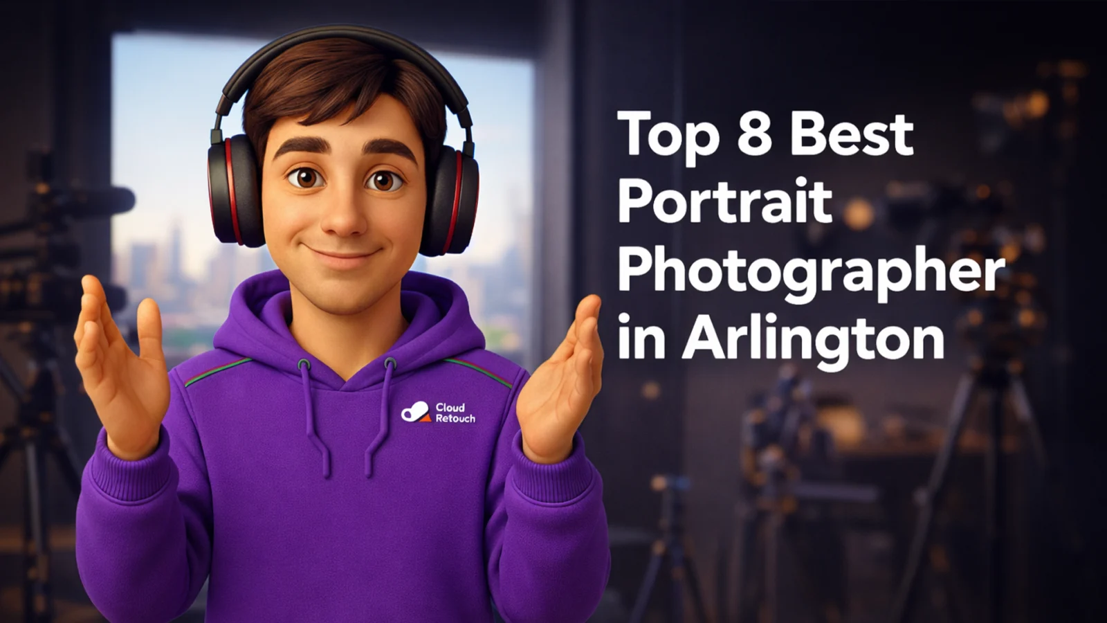3D character in purple hoodie standing in Arlington photography studio with lighting gear