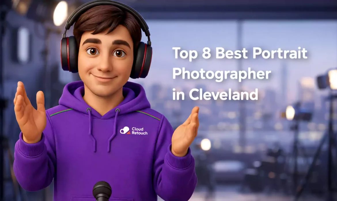 3D character with purple CloudRetouch hoodie holding a camera in a Cleveland photography studio.