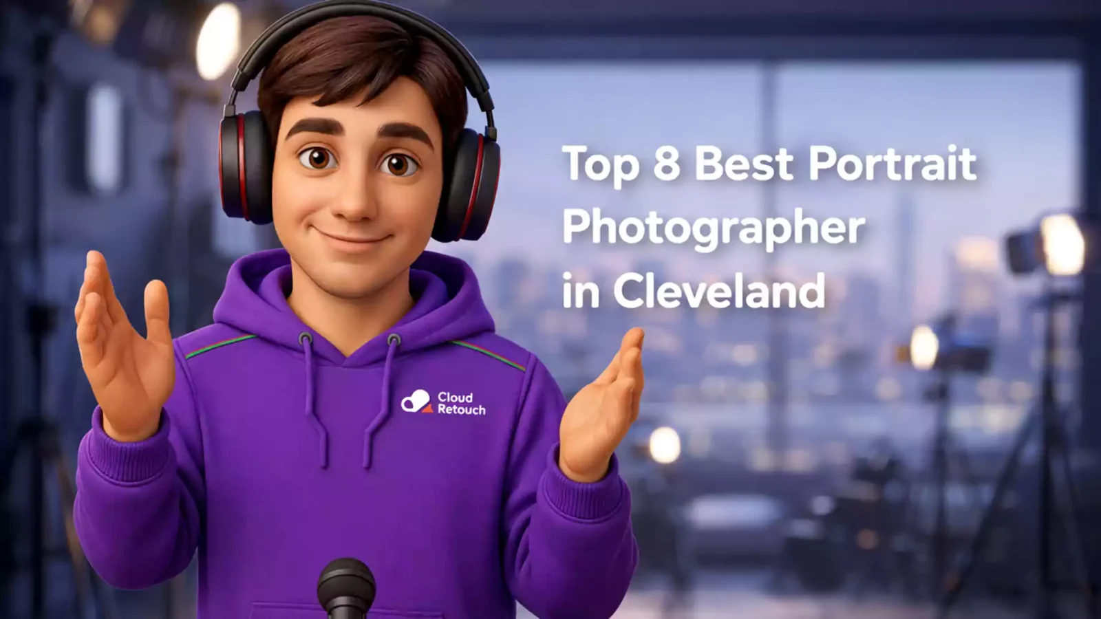 3D character with purple CloudRetouch hoodie holding a camera in a Cleveland photography studio.