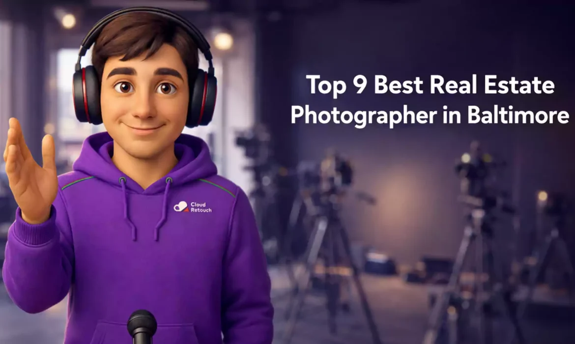 3D character in purple hoodie representing the best real estate photographer in Baltimore standing in a studio