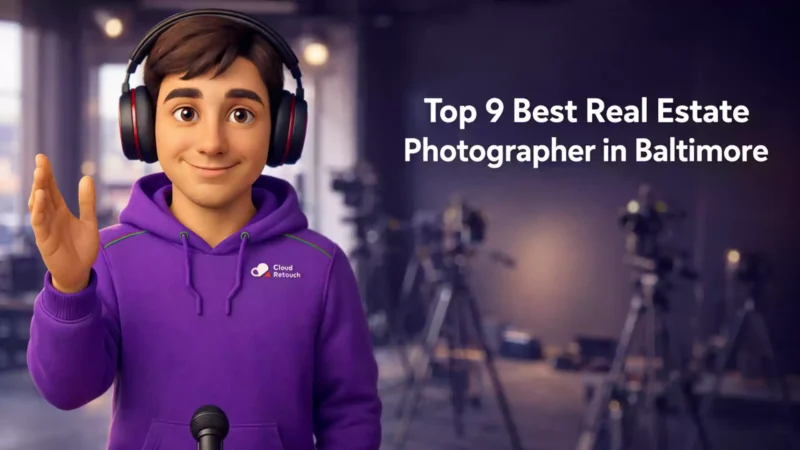 3D character in purple hoodie representing the best real estate photographer in Baltimore standing in a studio