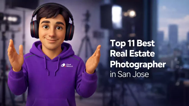 CloudRetouch 3D character wearing a purple hoodie and headphones standing in a San Jose studio with text overlay Top 11 Best Real Estate Photographer in San Jose