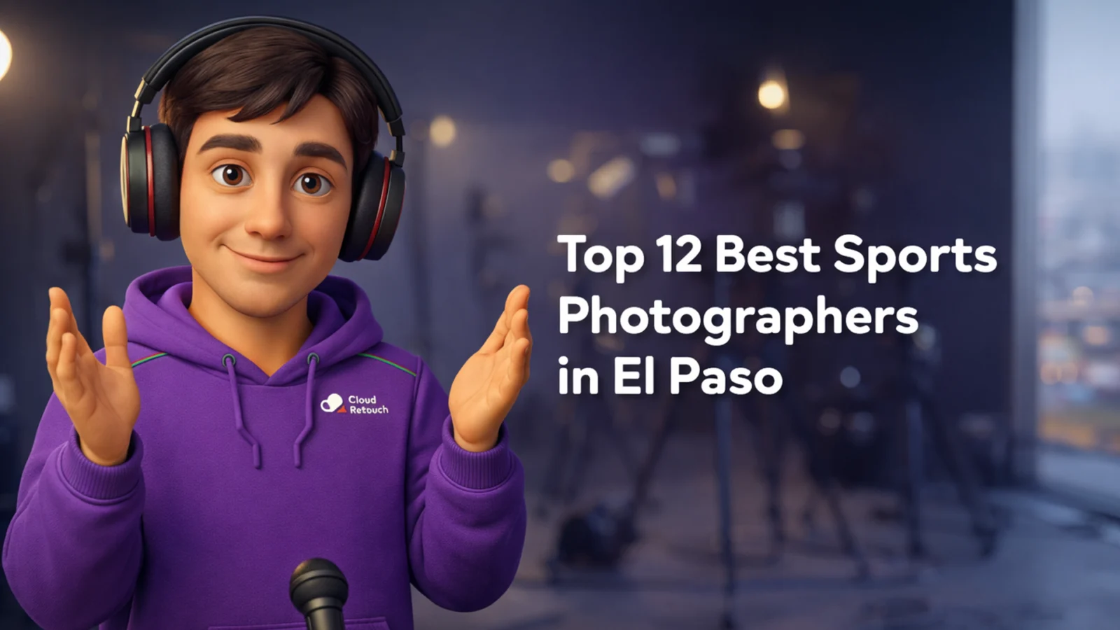 3D character in purple hoodie and headphones standing in an El Paso studio representing a sports photographer.