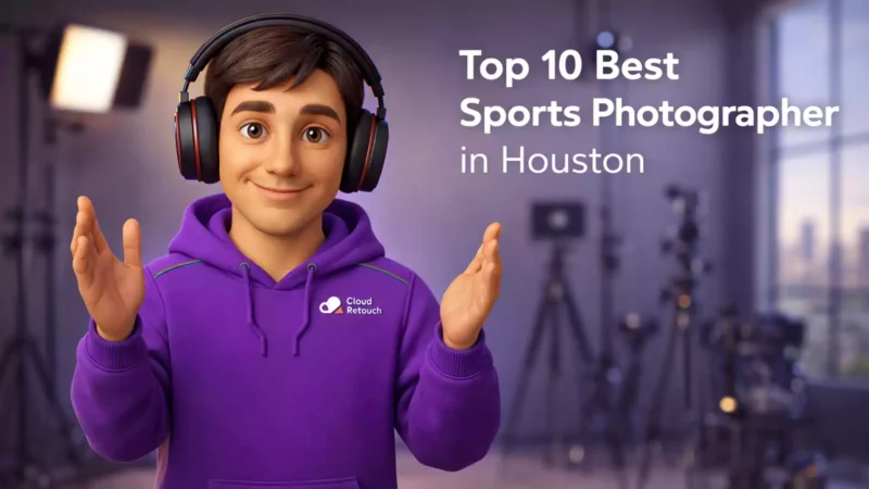 CloudRetouch character wearing a purple hoodie and headphones standing in a Houston studio with camera gear