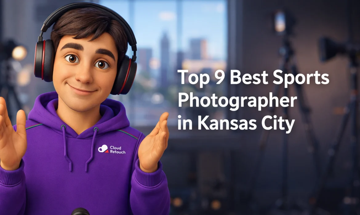 CloudRetouch character in a Kansas City studio reviewing sports photography gear.