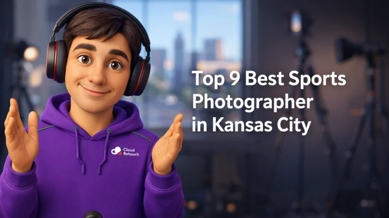 CloudRetouch character in a Kansas City studio reviewing sports photography gear.