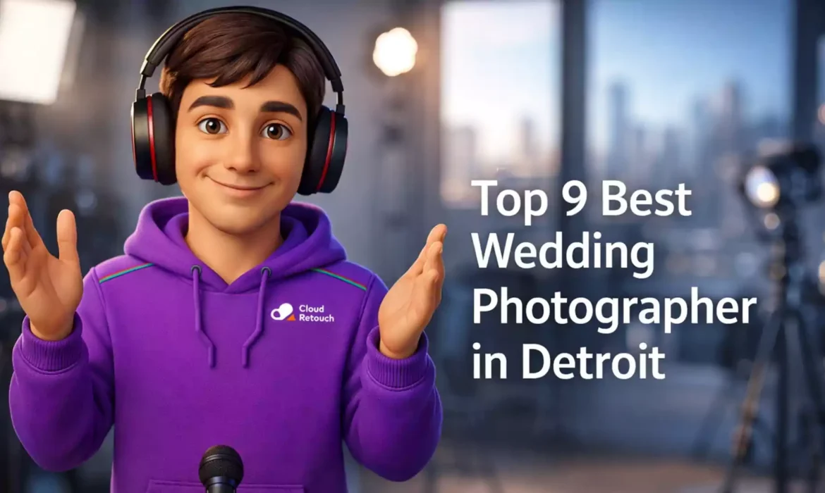 3D CloudRetouch character in a Detroit photography studio reviewing wedding photographer portfolios
