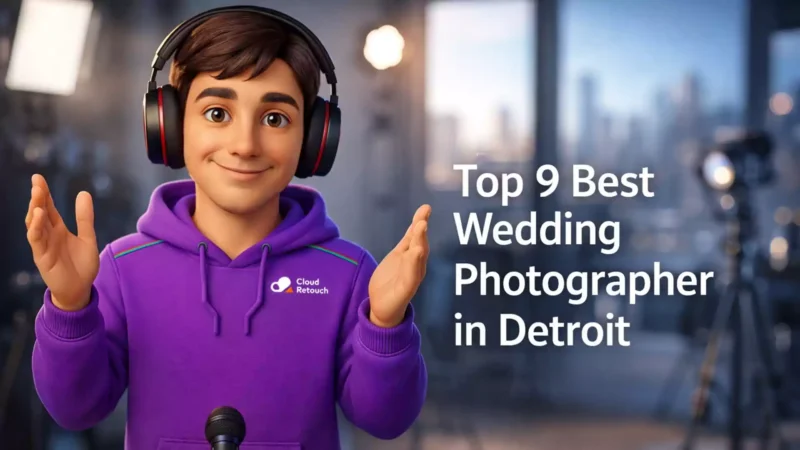 3D CloudRetouch character in a Detroit photography studio reviewing wedding photographer portfolios