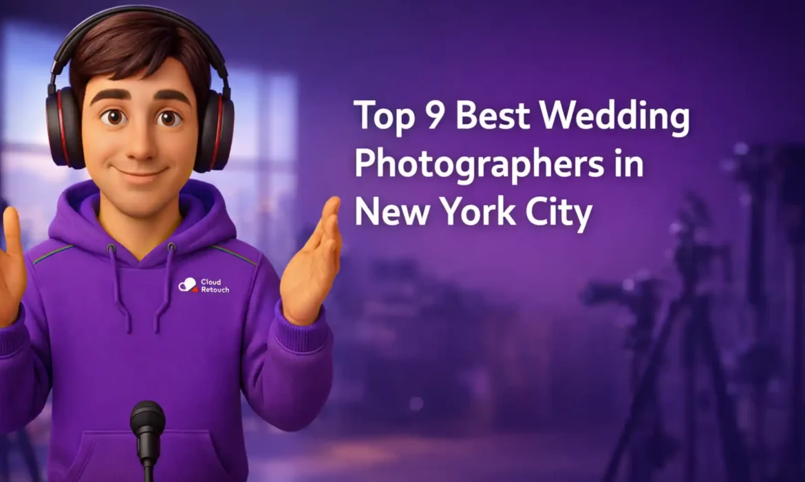 3D character in purple hoodie with headphones in a New York City photography studio setting