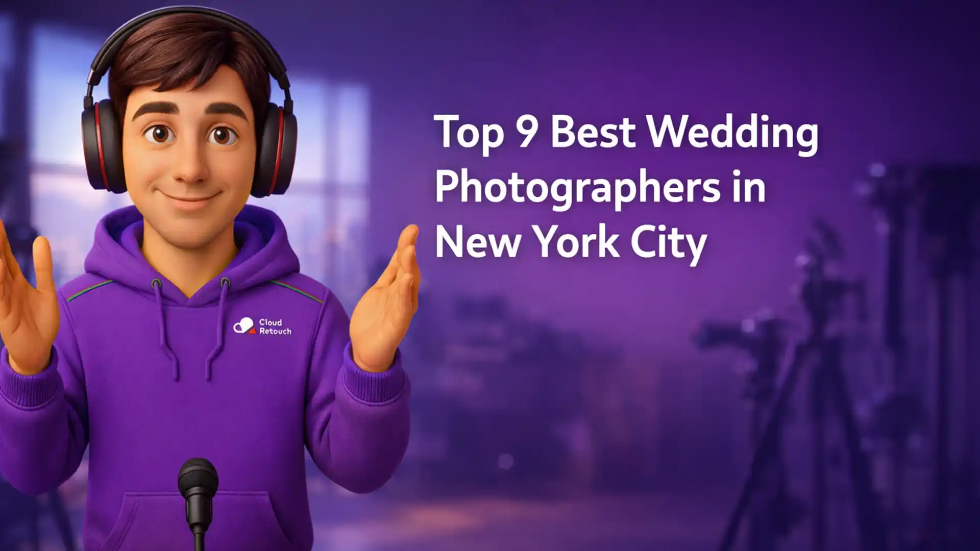 3D character in purple hoodie with headphones in a New York City photography studio setting