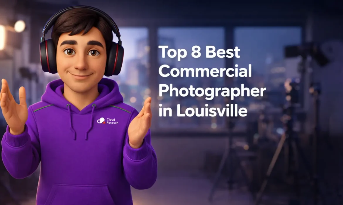 3D character in purple hoodie holding headphones in a Louisville photography studio
