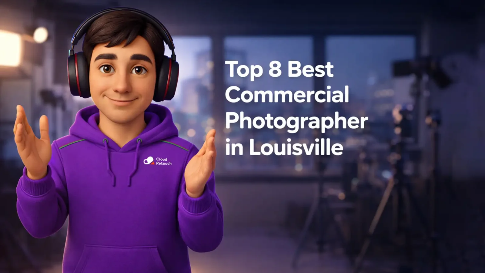 3D character in purple hoodie holding headphones in a Louisville photography studio