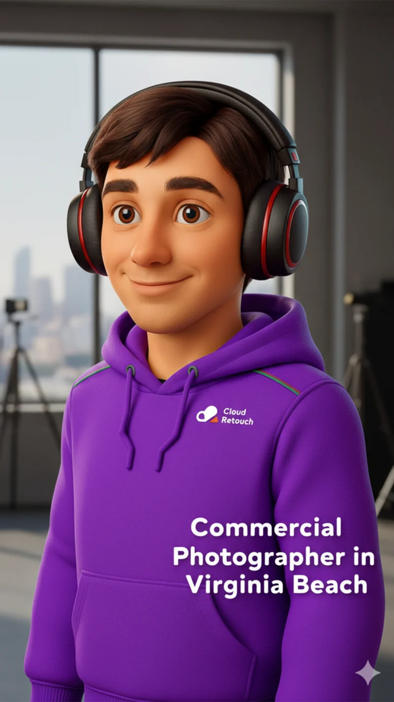 3D character in purple CloudRetouch hoodie and headphones in a Virginia Beach photography studio.