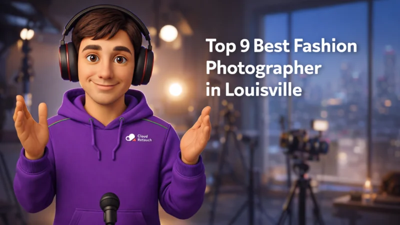 3D character in purple hoodie standing in a Louisville studio with photography gear