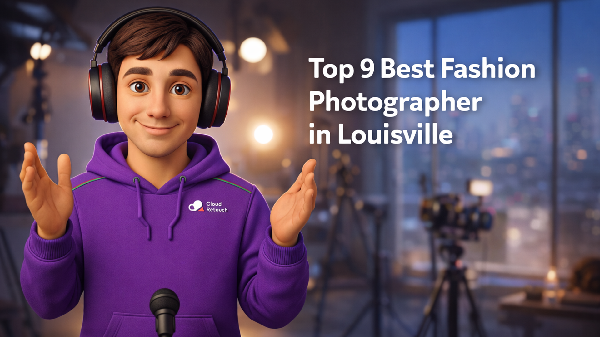 3D character in purple hoodie standing in a Louisville studio with photography gear