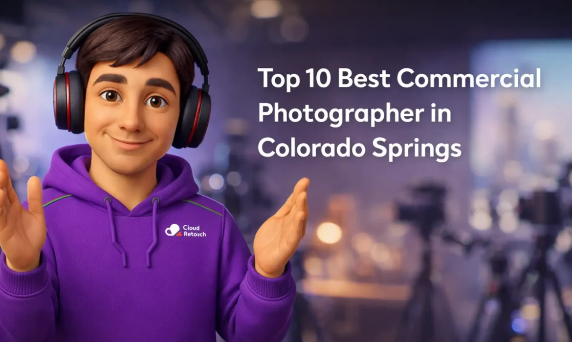 3D Pixar-style male character in a purple hoodie and headphones standing in a Colorado Springs photography studio.