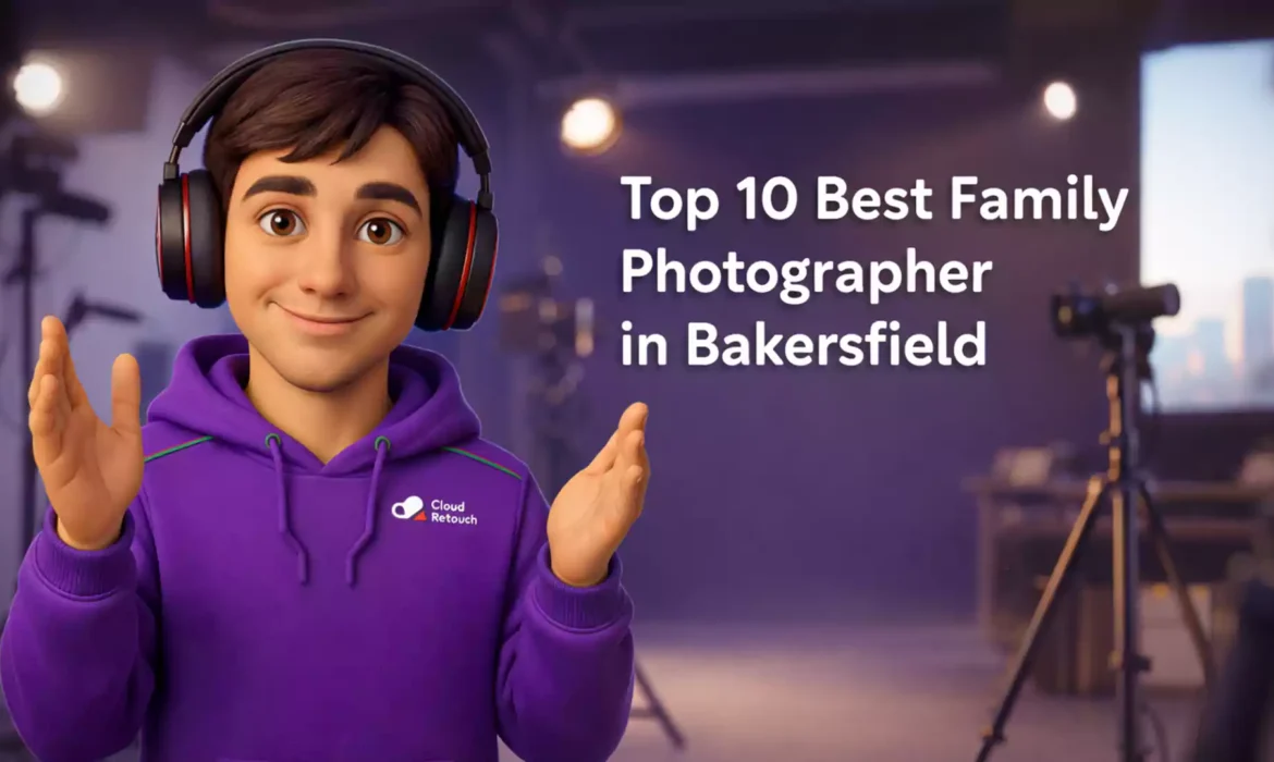 CloudRetouch character in purple hoodie sitting in a Bakersfield photography studio holding headphones