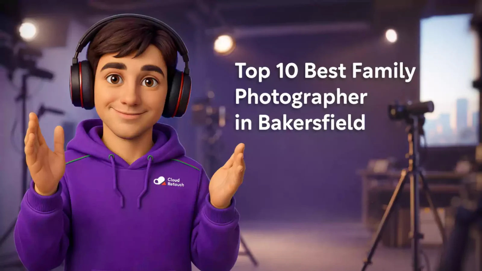 CloudRetouch character in purple hoodie sitting in a Bakersfield photography studio holding headphones