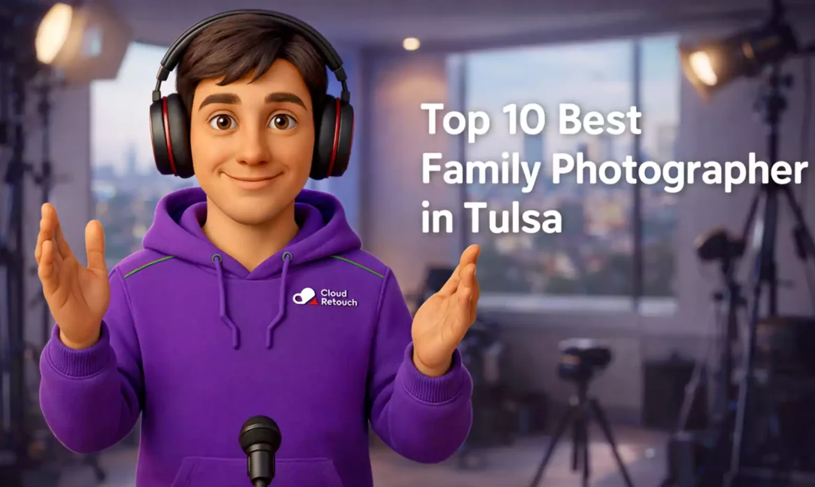 CloudRetouch character in a Tulsa studio with headphones and purple hoodie standing next to Top 10 Best Family Photographer in Tulsa text