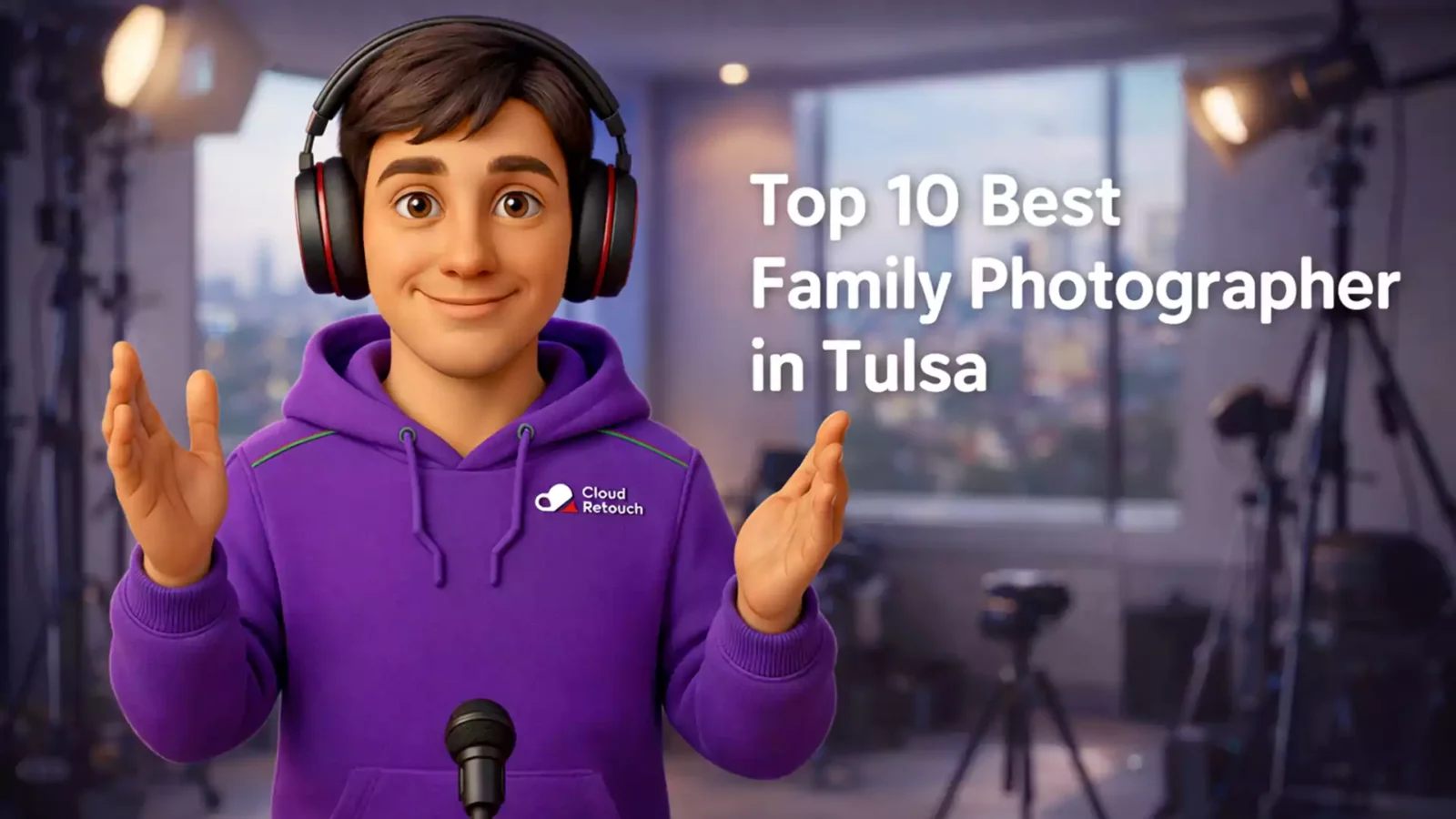 CloudRetouch character in a Tulsa studio with headphones and purple hoodie standing next to Top 10 Best Family Photographer in Tulsa text