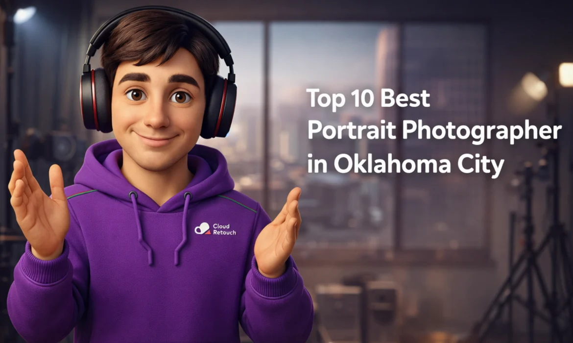 3D CloudRetouch character in a purple hoodie and headphones standing in an Oklahoma City photography studio.