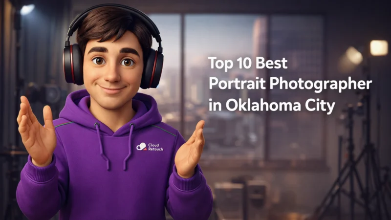 3D CloudRetouch character in a purple hoodie and headphones standing in an Oklahoma City photography studio.