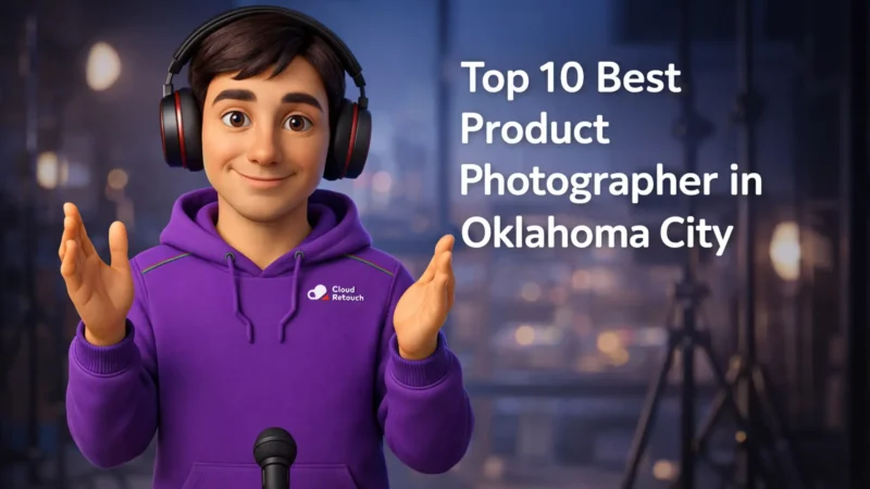 CloudRetouch character in a modern Oklahoma City photography studio wearing a purple hoodie and headphones.