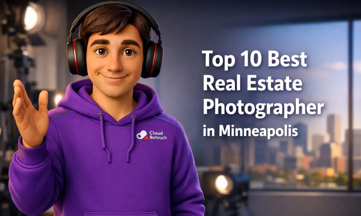 CloudRetouch character in a Minneapolis studio holding a camera gear setup representing the best real estate photographer in Minneapolis