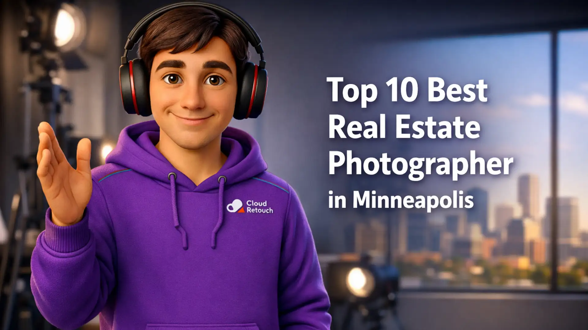 CloudRetouch character in a Minneapolis studio holding a camera gear setup representing the best real estate photographer in Minneapolis