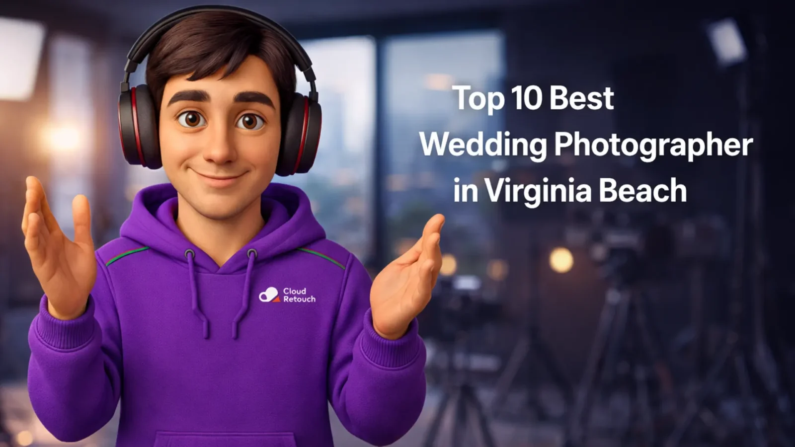 3D Pixar-style male character in a purple hoodie holding headphones in a Virginia Beach photography studio setting.